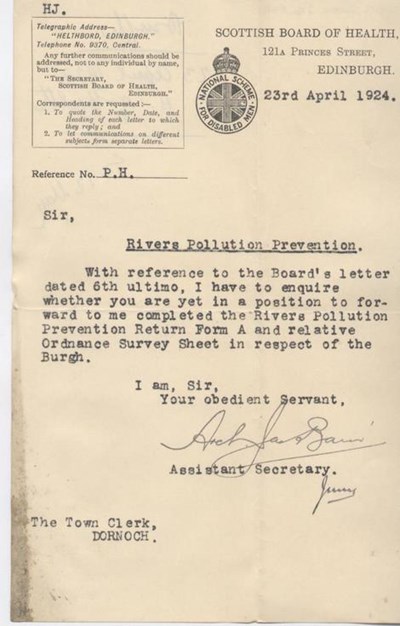 Letter re river pollution prevention 1924