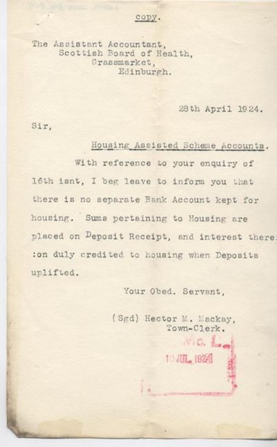 Letter re housing scheme account 1924
