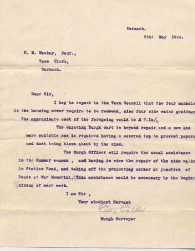 Letter from burgh surveyor re repairs 1924