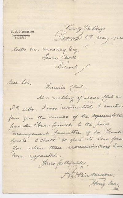 Letter re tennis club committee 1924
