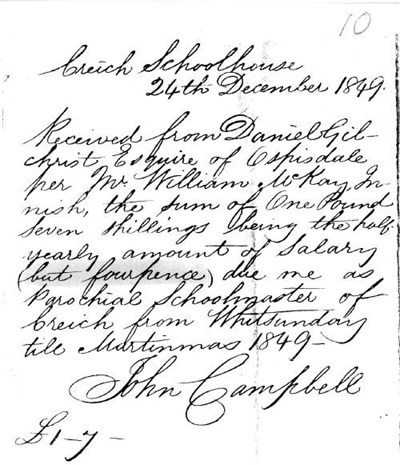 receipt from John Campbell, Creich School, 1849, for his salary awarded by Daniel Gilchrist of Ospisdale