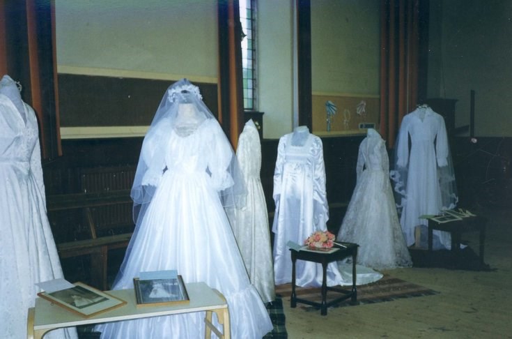 Display of wedding dresses in West Church Hall, Dornoch