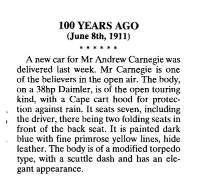 Northern Times article about Andrew Carnegie's new car 1911