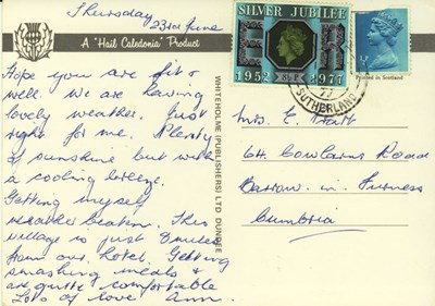Reverse of Furness collection postcard with Jubilee Stamp 1952-77