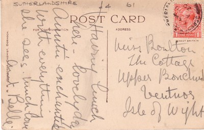 Reverse of Dornoch postcard from Basil Hellier collectino
