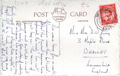 Reverse of postcard from the Basil Hellier Collection, showing the Cathedral and Post Office, Dornoch