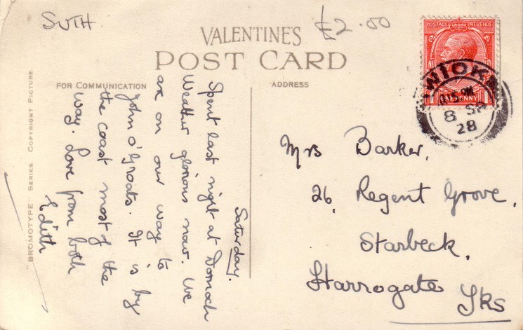 Reverse side of postcard from the Basil Hellier collection, showing Dornoch Beach