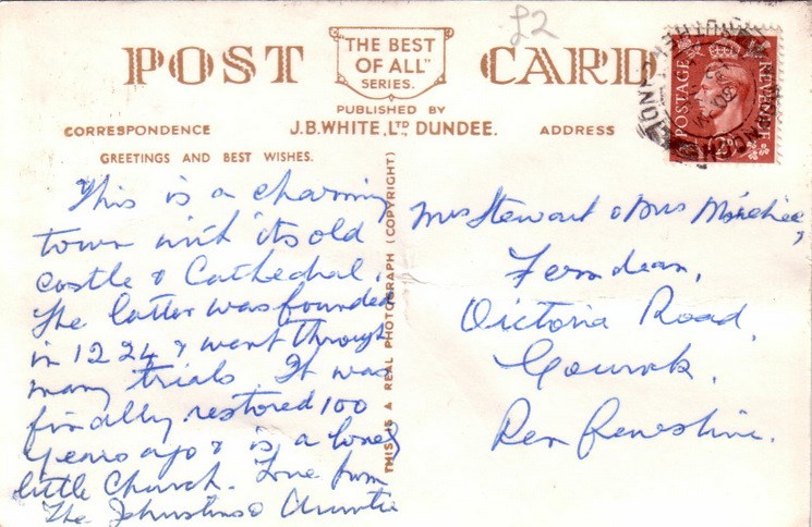 Reverse side of postcard from the Basil Hellier collection, showing the Square and Castle Street, Dornoch 