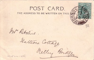 Reverse side of postcard from the Basil Hellier collection, showing Castle Square, Dornoch 