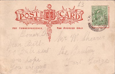 Reverse side of postcard from the Basil Hellier collection, showing Cathedral Square, Dornoch 