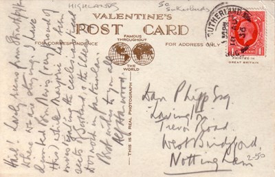 Reverse side of postcard from the Basil Hellier collection, showing the Castle and County Buildings, Dornoch  