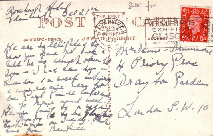 Reverse side of postcard from the Basil Hellier collection, showing  the Castle, Dornoch