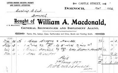 Invoice from William A. Macdonald, Ironmonger, Dornoch, to Dornoch Curling Club