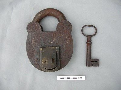 Lock with key believed to have been used on the Dornoch Stocks