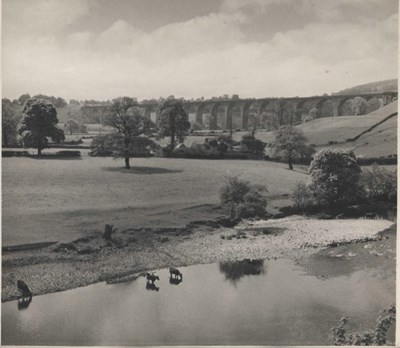 River scene near Acrefair, Denbigh with aquaduct background