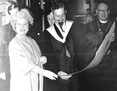 Queen Mother with Headmaster at opening of Dornoch Academy