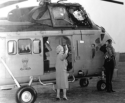 Queen Mother departing by helicopter after opening Dornoch Academy