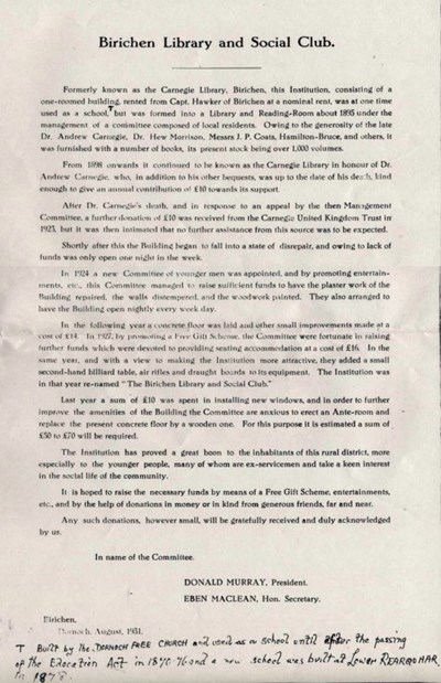 Birichen Library and Social Club 1931