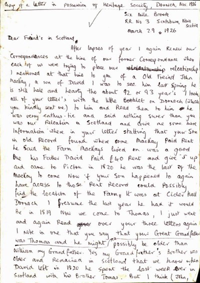 Copy of letter from Nova Scotia to 'Dear Friends in Scotland' 1926