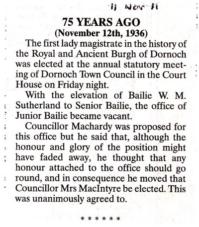 Election of first Dornoch lady magistrate Novermber 1936