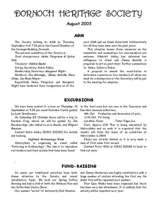 Dornoch Heritage Society Newsletter August 2003