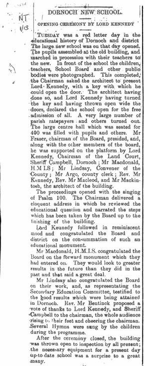 Northern Times report on the opening of Dornoch Academy 1913