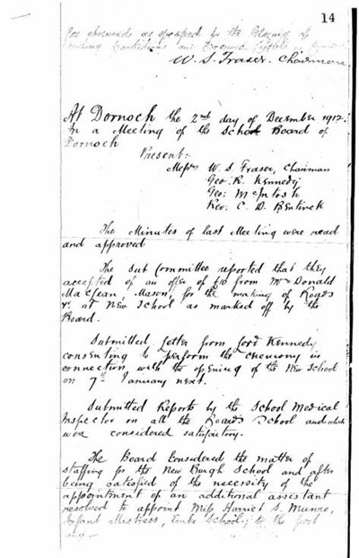 Dornoch School extracts of minutes of Board meetings 1912 - 19