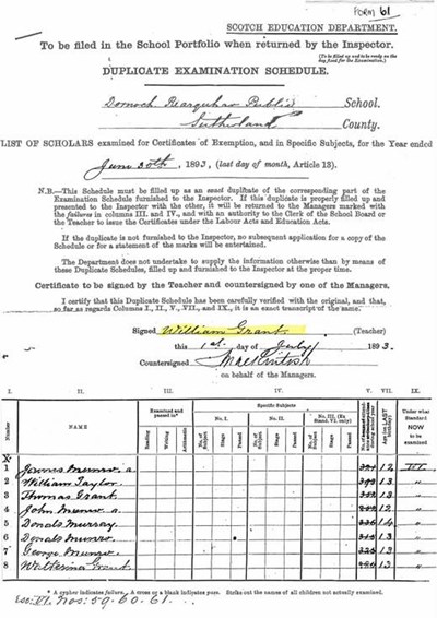 Rearquhar School examination schedule June 30th 1893