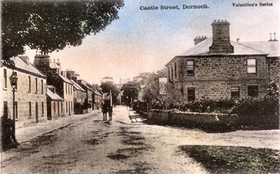 Hand tinted postcard of Castle Street, Dornoch c 1900