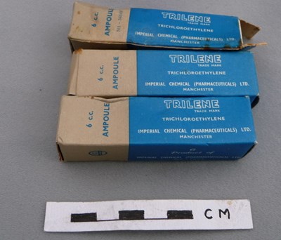 Doctor's medical bag contents: Ampoules of Trilene anaesthetic