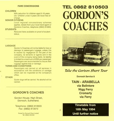 Gordon's Coaches Timetable May 1994