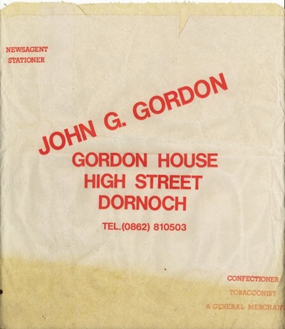 Paper bag of newsagent John G. Gordon of Dornoch