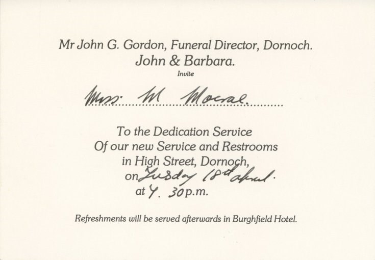 Invitation to the dedication of new funeral service and rest rooms