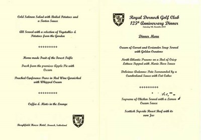 Royal Dornoch Golf Club 125th Anniversary Dinner 9 Nov 2002