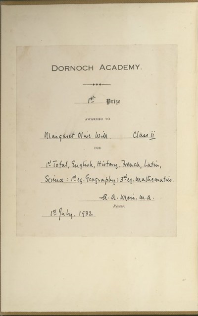 Book prize awarded to Margaret Olive Will 1932