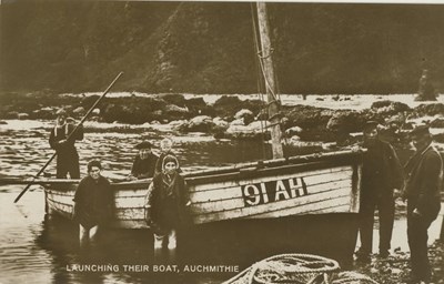Fishing scenes Scotland - 'Launching their boat Auchmithie'