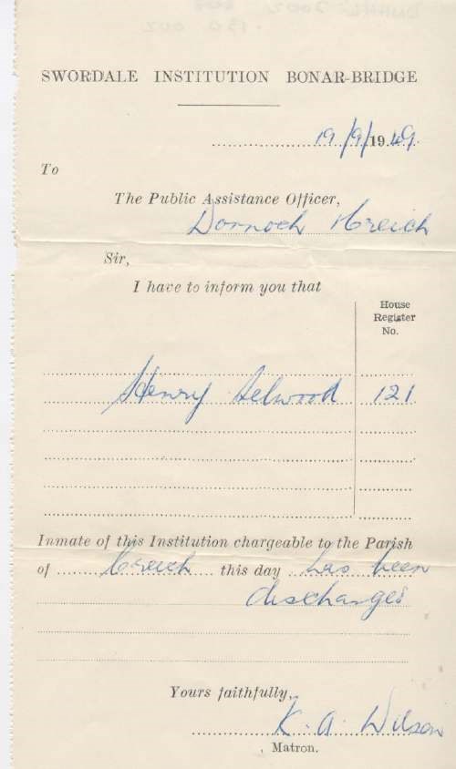Discharge certificate of Swordale Institution for Henry Selwood