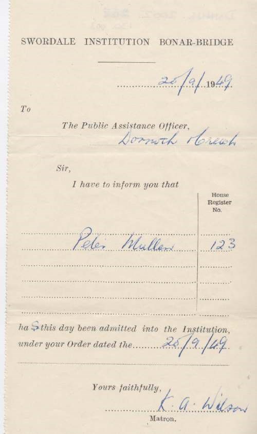 Admission certificate of Swordale Institution for Peter Mullen