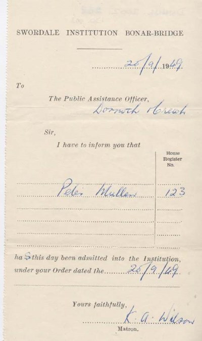 Admission certificate of Swordale Institution for Peter Mullen