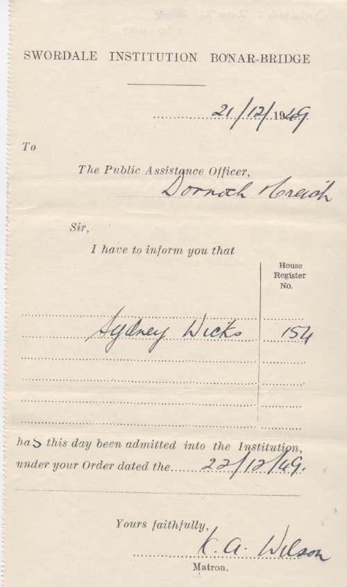 Admission certificate of Swordale Institution for Sidney Wicks