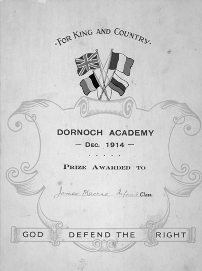 Prize Certificate awarded to James Macrae 1914