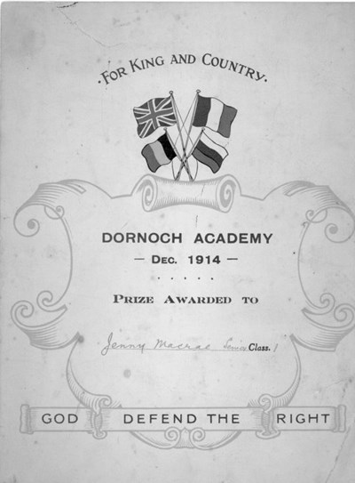 Prize Certificate awarded to Jenny Macrae 1914