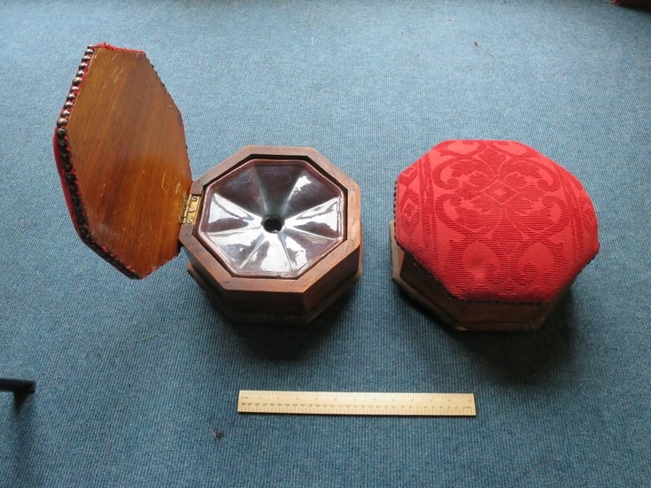 Spittoons enclosed in wood cases