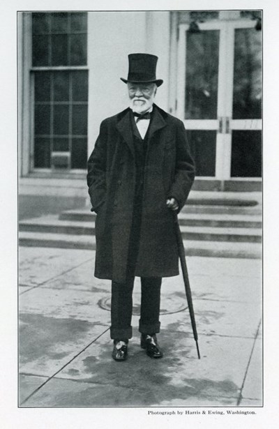 Andrew Carnegie with umbrella