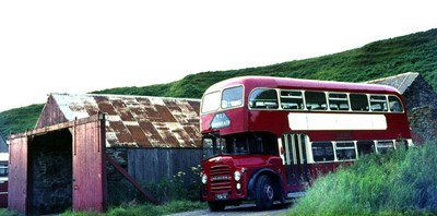 Double deck Highland bus at the garage in Dunbeath