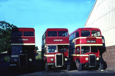 Three Highland double deck buses in Thurso garage