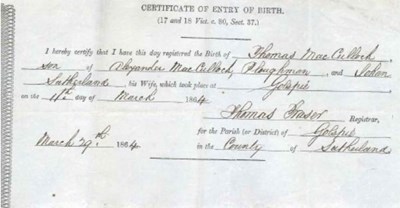 Birth Certificate Thomas McCulloch 1864