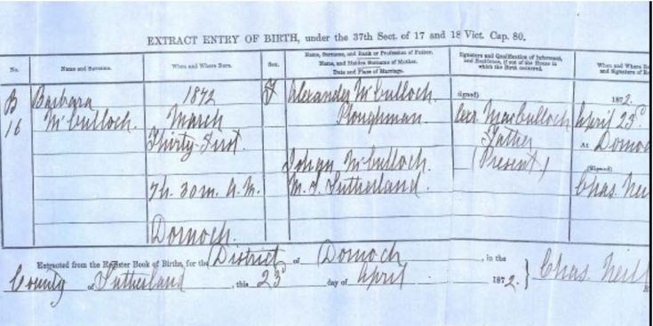 Birth Certificate Barbara McCulloch 1872
