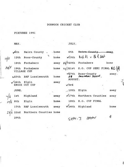 Dornoch Cricket Club Fixtures List 1991