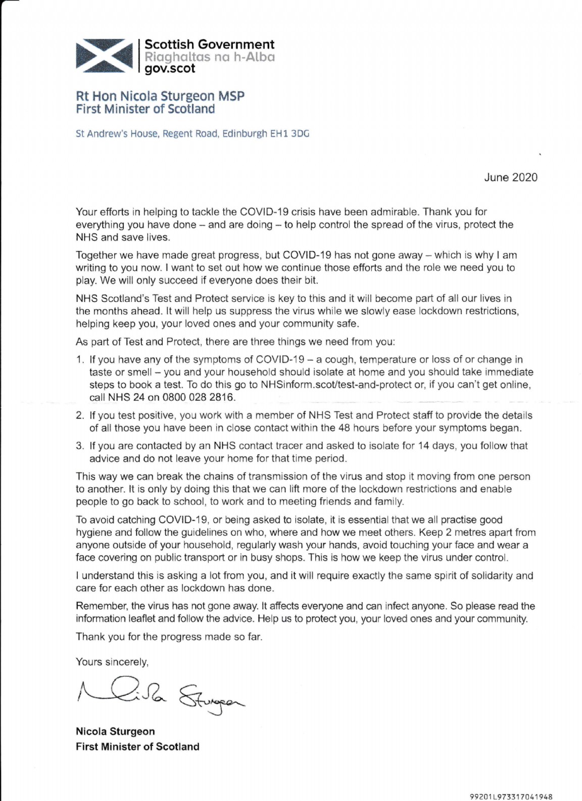 First Minister of Scotland letter June 2020 - Historylinks Archive